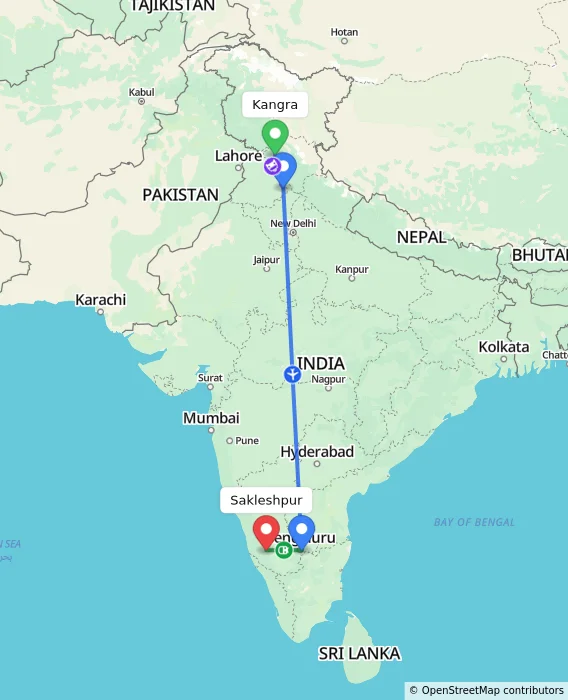 Route map showing distance and travel time from Kangra, India to Sakleshpur, India