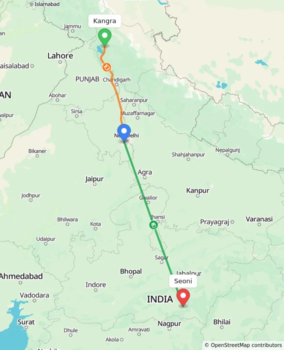 Route map showing distance and travel time from Kangra, India to Seoni, India