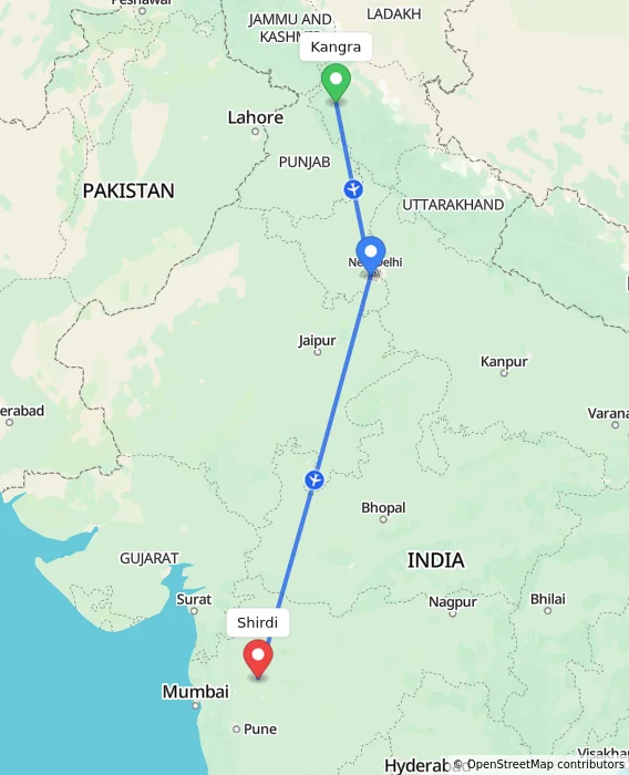 Route map showing distance and travel time from Kangra, India to Shirdi, India