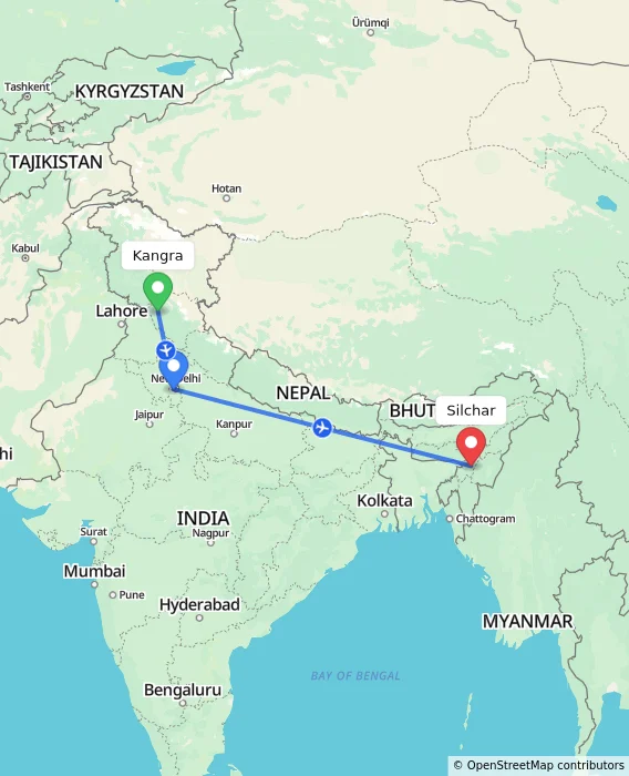Route map showing distance and travel time from Kangra, India to Silchar, India