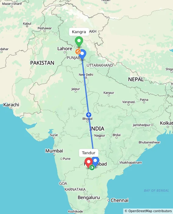 Route map showing distance and travel time from Kangra, India to Tandur, India