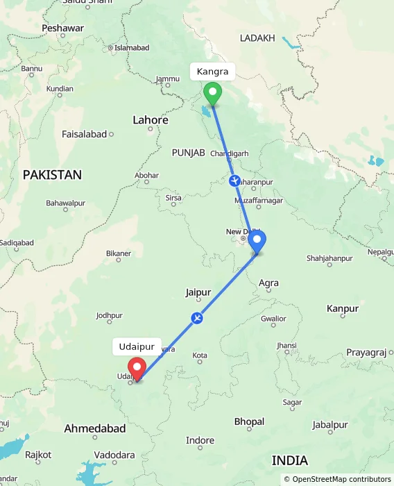 Route map showing distance and travel time from Kangra, India to Udaipur, India