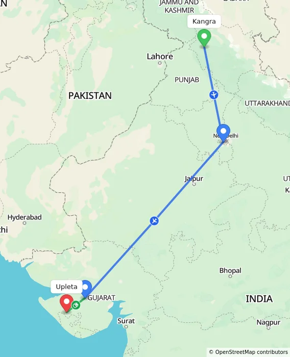Route map showing distance and travel time from Kangra, India to Upleta, India