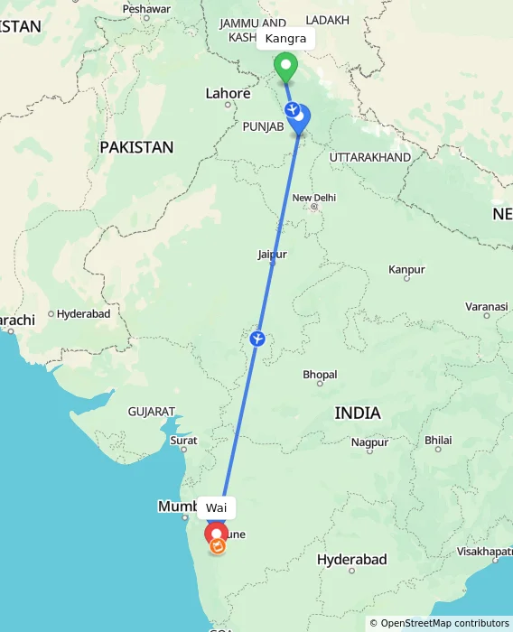 Route map showing distance and travel time from Kangra, India to Wai, India