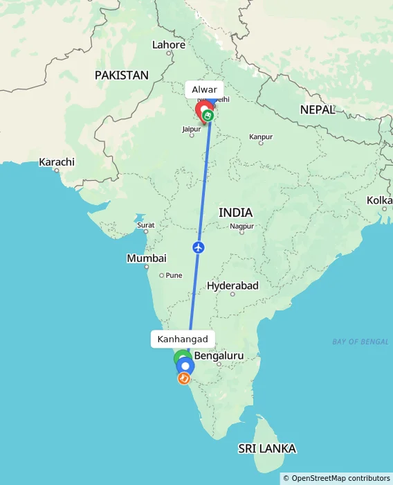 Route map showing distance and travel time from Kanhangad, India to Alwar, India