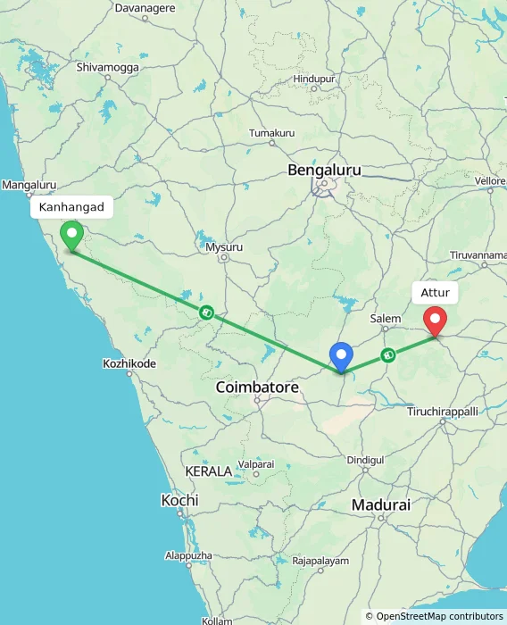 Route map showing distance and travel time from Kanhangad, India to Attur, India