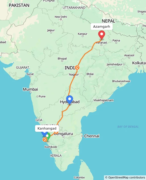 Route map showing distance and travel time from Kanhangad, India to Azamgarh, India