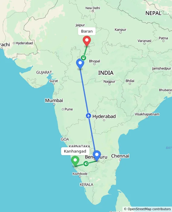 Route map showing distance and travel time from Kanhangad, India to Baran, India