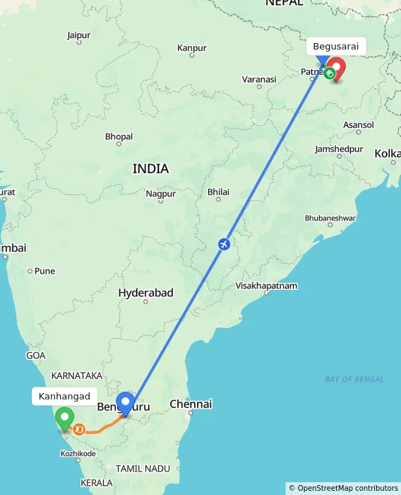 Route map showing distance and travel time from Kanhangad, India to Begusarai, India