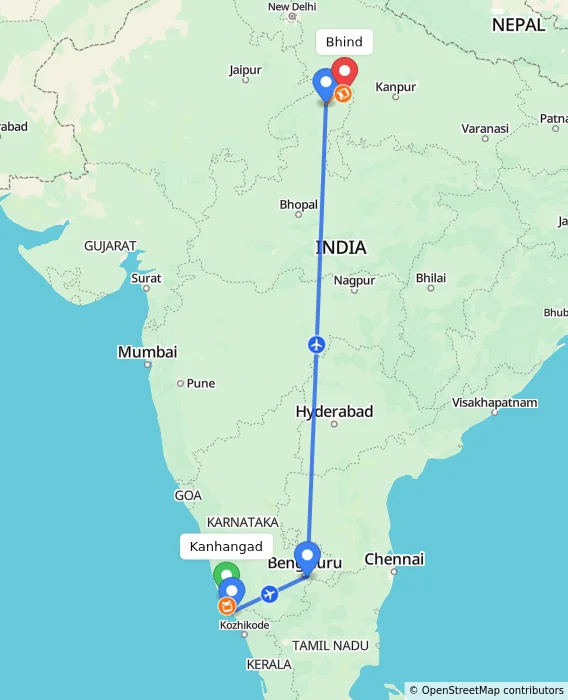 Route map showing distance and travel time from Kanhangad, India to Bhind, India