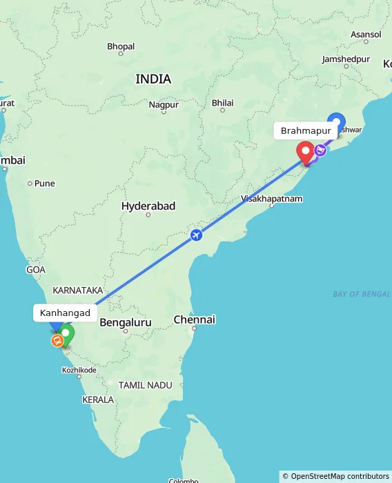 Route map showing distance and travel time from Kanhangad, India to Brahmapur, India
