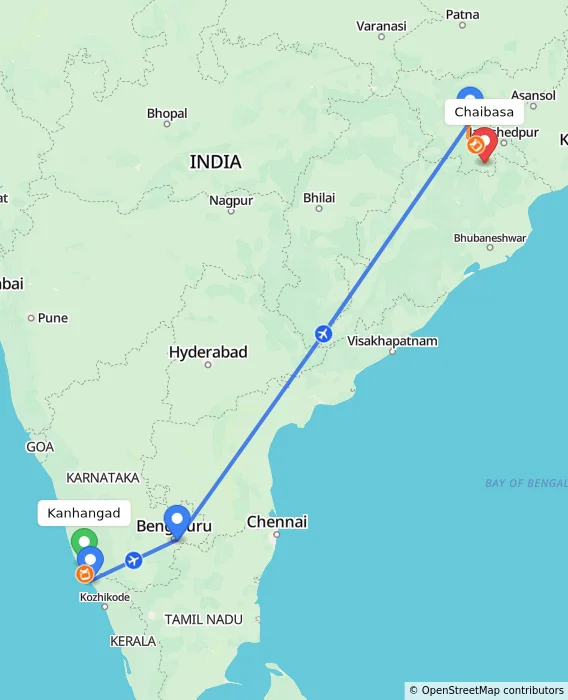 Route map showing distance and travel time from Kanhangad, India to Chaibasa, India