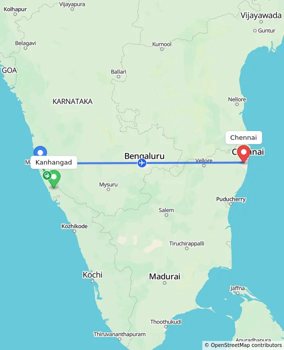 Route map showing distance and travel time from Kanhangad, India to Chennai, India