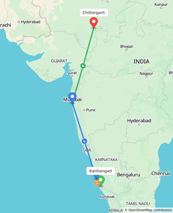 Route map showing distance and travel time from Kanhangad, India to Chittorgarh, India