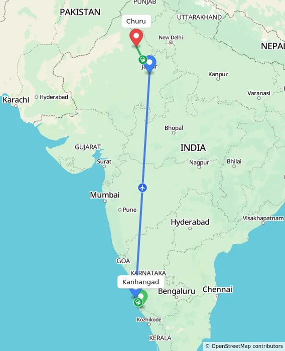 Route map showing distance and travel time from Kanhangad, India to Churu, India