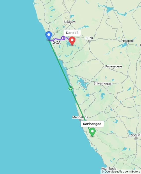Route map showing distance and travel time from Kanhangad, India to Dandeli, India