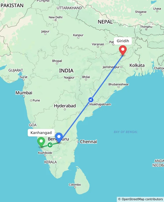 Route map showing distance and travel time from Kanhangad, India to Giridih, India
