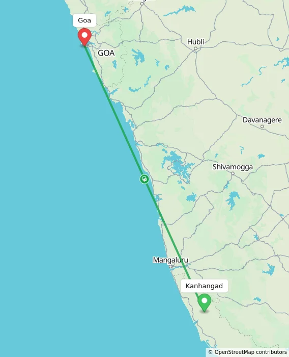 Route map showing distance and travel time from Kanhangad, India to Goa, India
