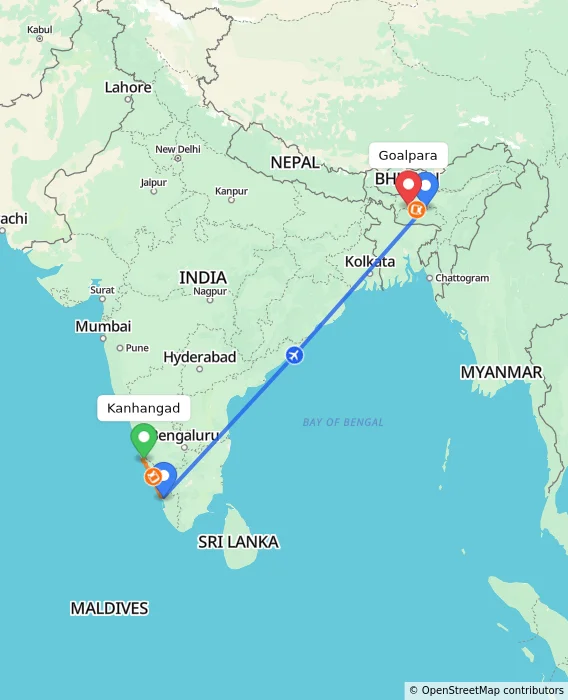 Route map showing distance and travel time from Kanhangad, India to Goalpara, India