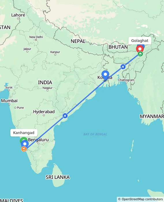 Route map showing distance and travel time from Kanhangad, India to Golaghat, India