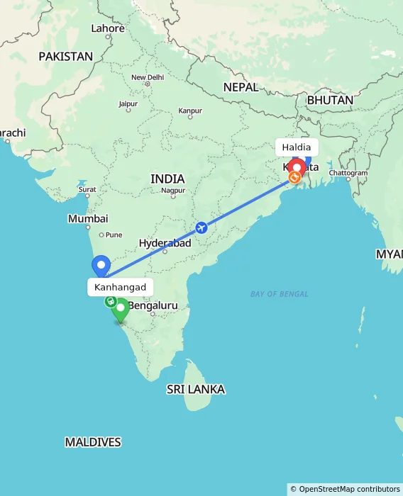 Route map showing distance and travel time from Kanhangad, India to Haldia, India
