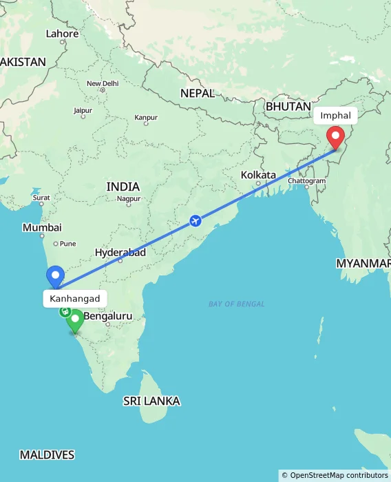 Route map showing distance and travel time from Kanhangad, India to Imphal, India