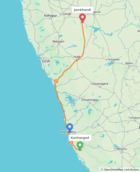 Route map showing distance and travel time from Kanhangad, India to Jamkhandi, India