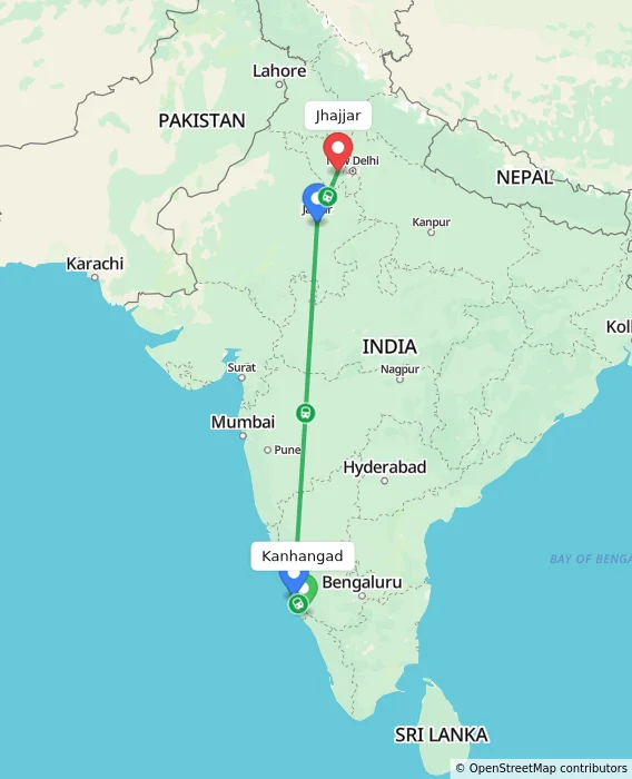 Route map showing distance and travel time from Kanhangad, India to Jhajjar, India