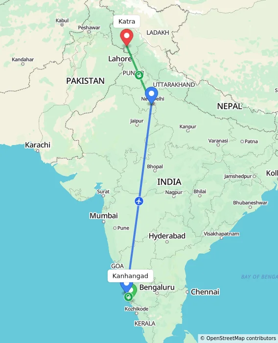 Route map showing distance and travel time from Kanhangad, India to Katra, India