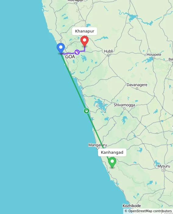 Route map showing distance and travel time from Kanhangad, India to Khanapur, India