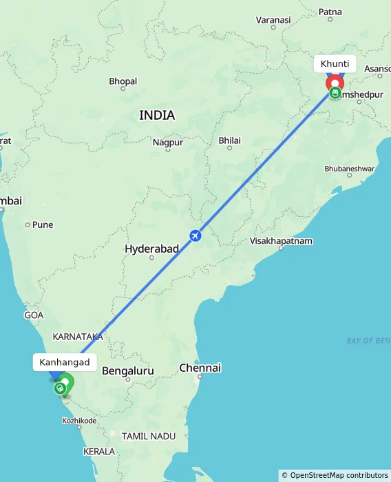 Route map showing distance and travel time from Kanhangad, India to Khunti, India
