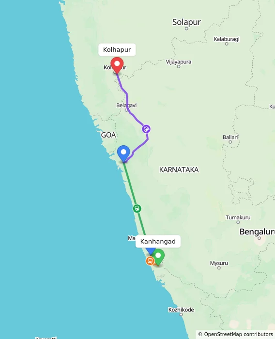 Route map showing distance and travel time from Kanhangad, India to Kolhapur, India
