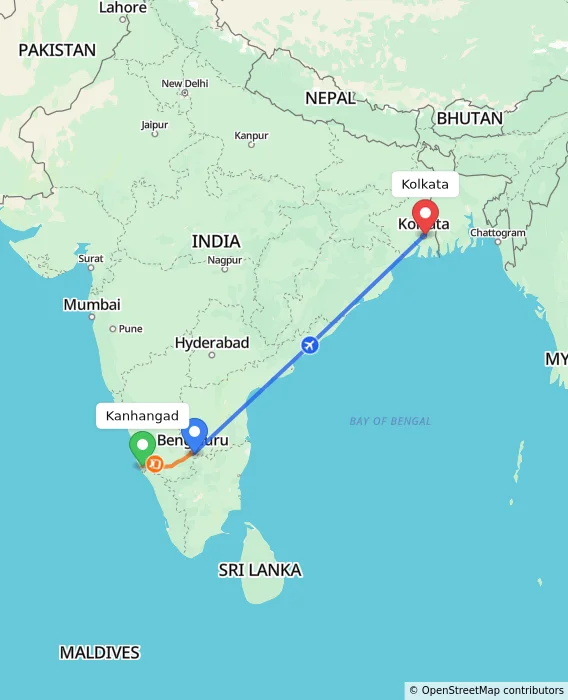 Route map showing distance and travel time from Kanhangad, India to Kolkata, India