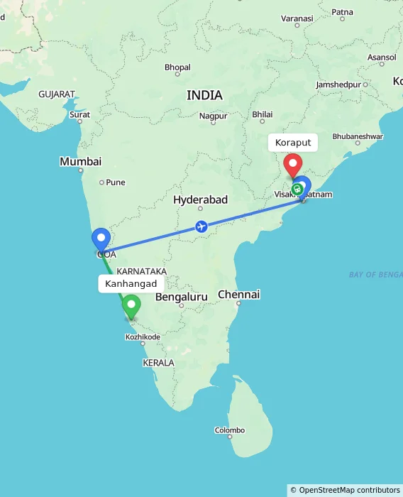 Route map showing distance and travel time from Kanhangad, India to Koraput, India