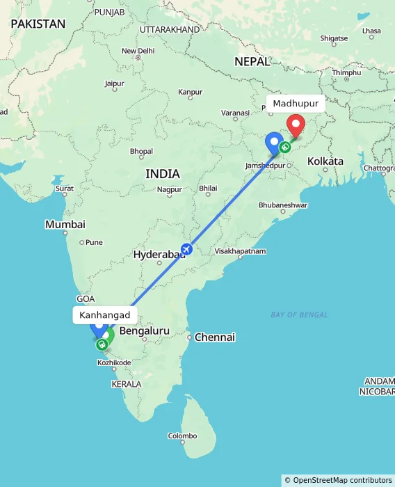 Route map showing distance and travel time from Kanhangad, India to Madhupur, India