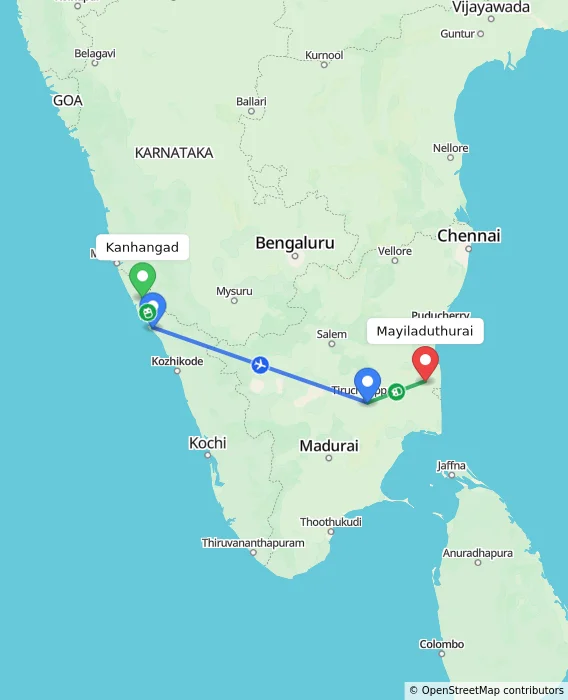 Route map showing distance and travel time from Kanhangad, India to Mayiladuthurai, India