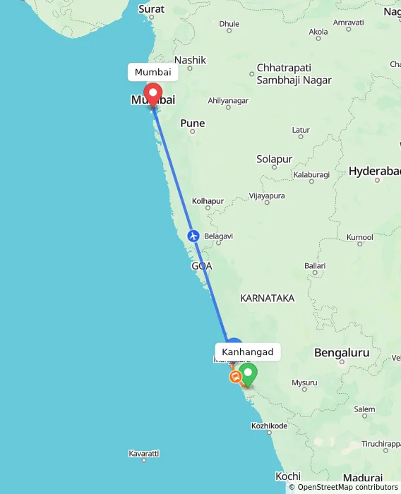 Route map showing distance and travel time from Kanhangad, India to Mumbai, India