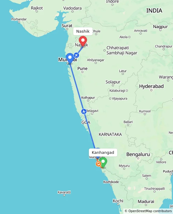 Route map showing distance and travel time from Kanhangad, India to Nashik, India
