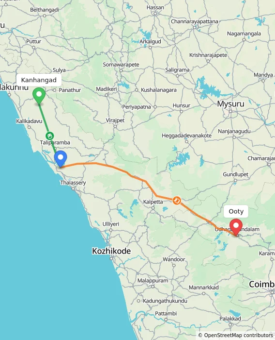 Route map showing distance and travel time from Kanhangad, India to Ooty, India