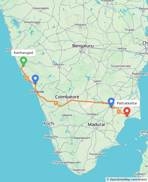 Route map showing distance and travel time from Kanhangad, India to Pattukkottai, India