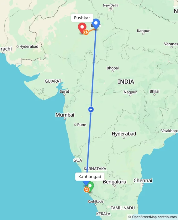 Route map showing distance and travel time from Kanhangad, India to Pushkar, India