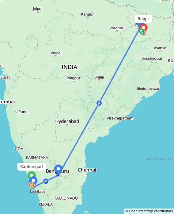 Route map showing distance and travel time from Kanhangad, India to Rajgir, India