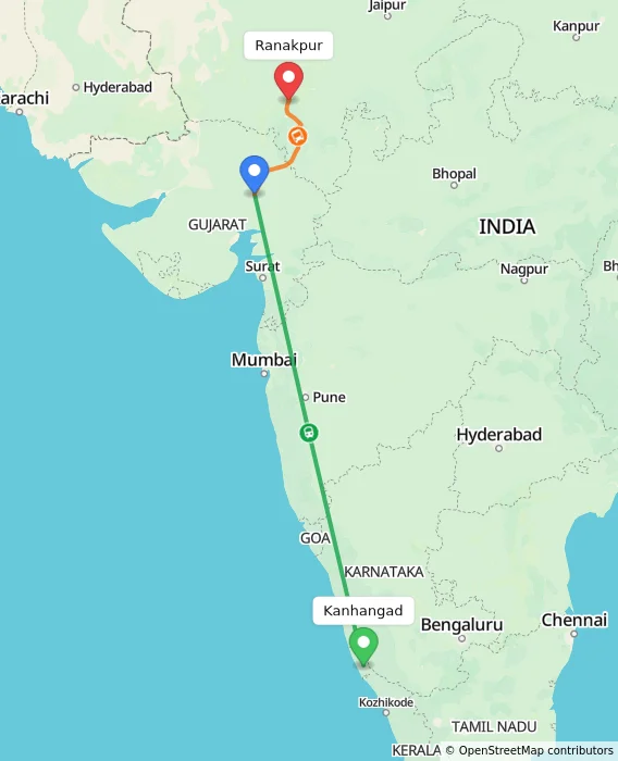Route map showing distance and travel time from Kanhangad, India to Ranakpur, India