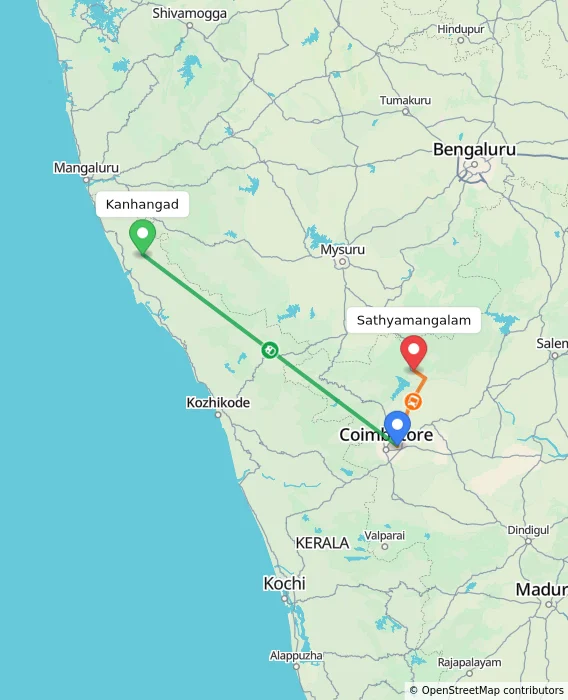 Route map showing distance and travel time from Kanhangad, India to Sathyamangalam, India