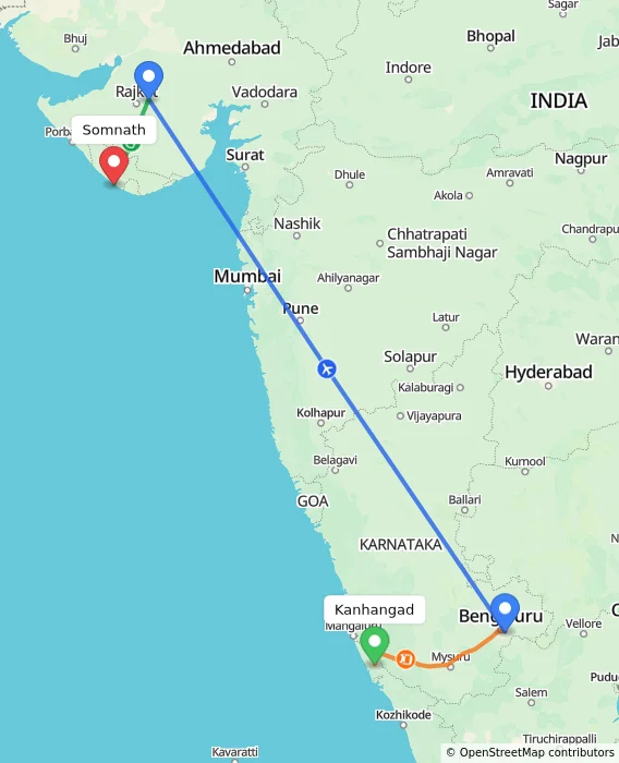 Route map showing distance and travel time from Kanhangad, India to Somnath, India