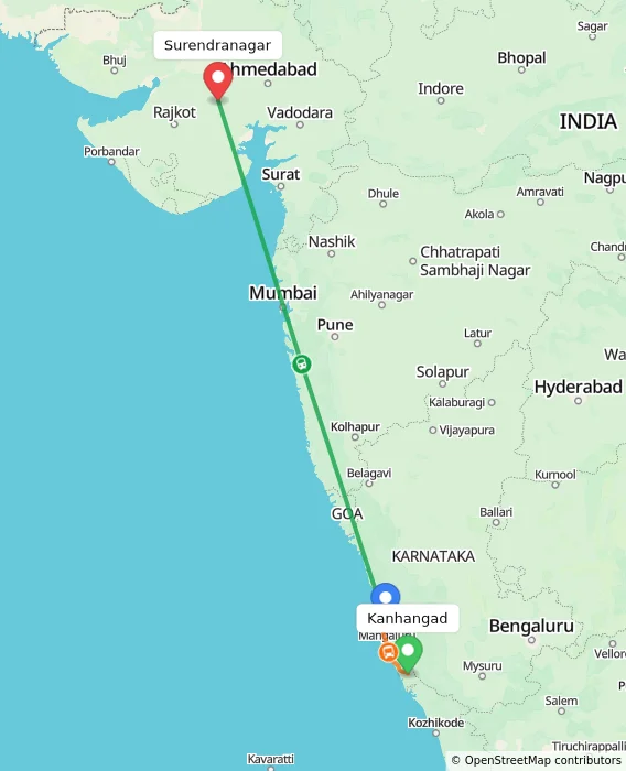 Route map showing distance and travel time from Kanhangad, India to Surendranagar, India