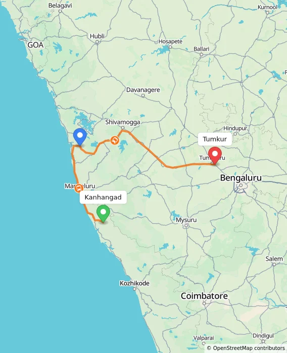 Route map showing distance and travel time from Kanhangad, India to Tumkur, India