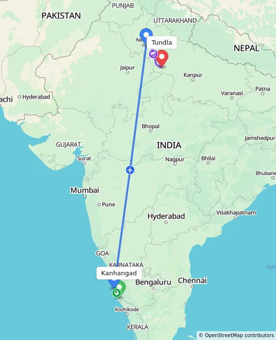Route map showing distance and travel time from Kanhangad, India to Tundla, India