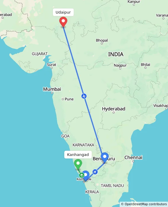 Route map showing distance and travel time from Kanhangad, India to Udaipur, India