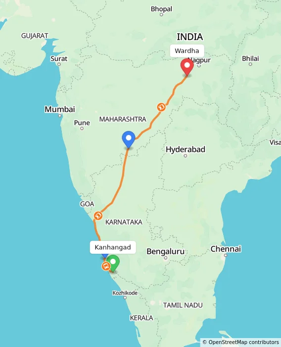 Route map showing distance and travel time from Kanhangad, India to Wardha, India